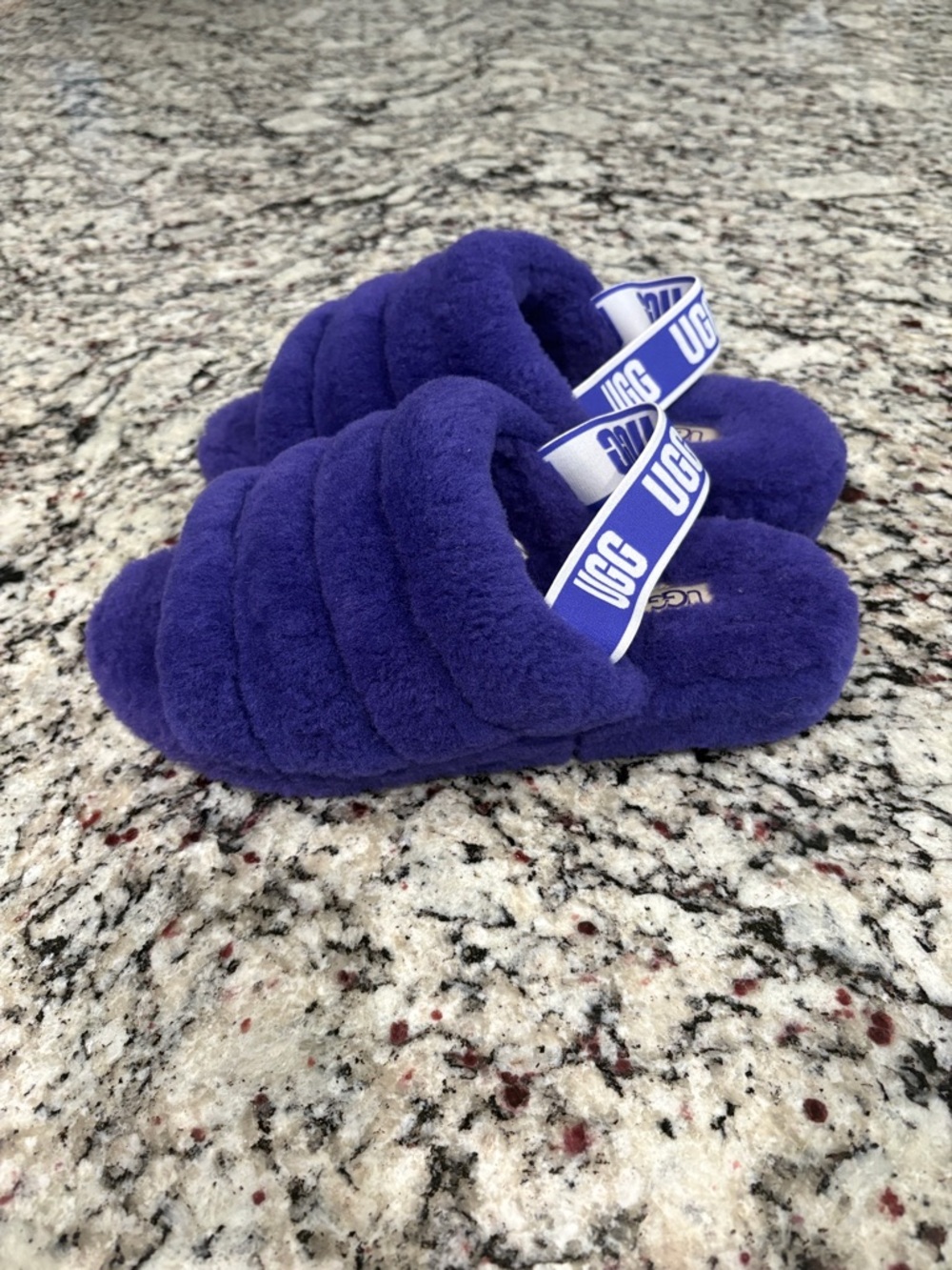 UGG Purple Plush Slide Slippers with Logo Strap size 9.